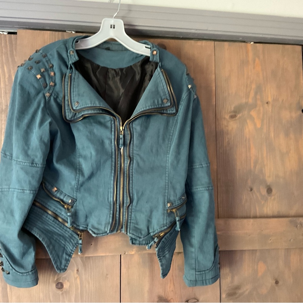 Small Grunge Short Fitted Moto Jacket, Zipper & Stud Detail, washed blue canvas.